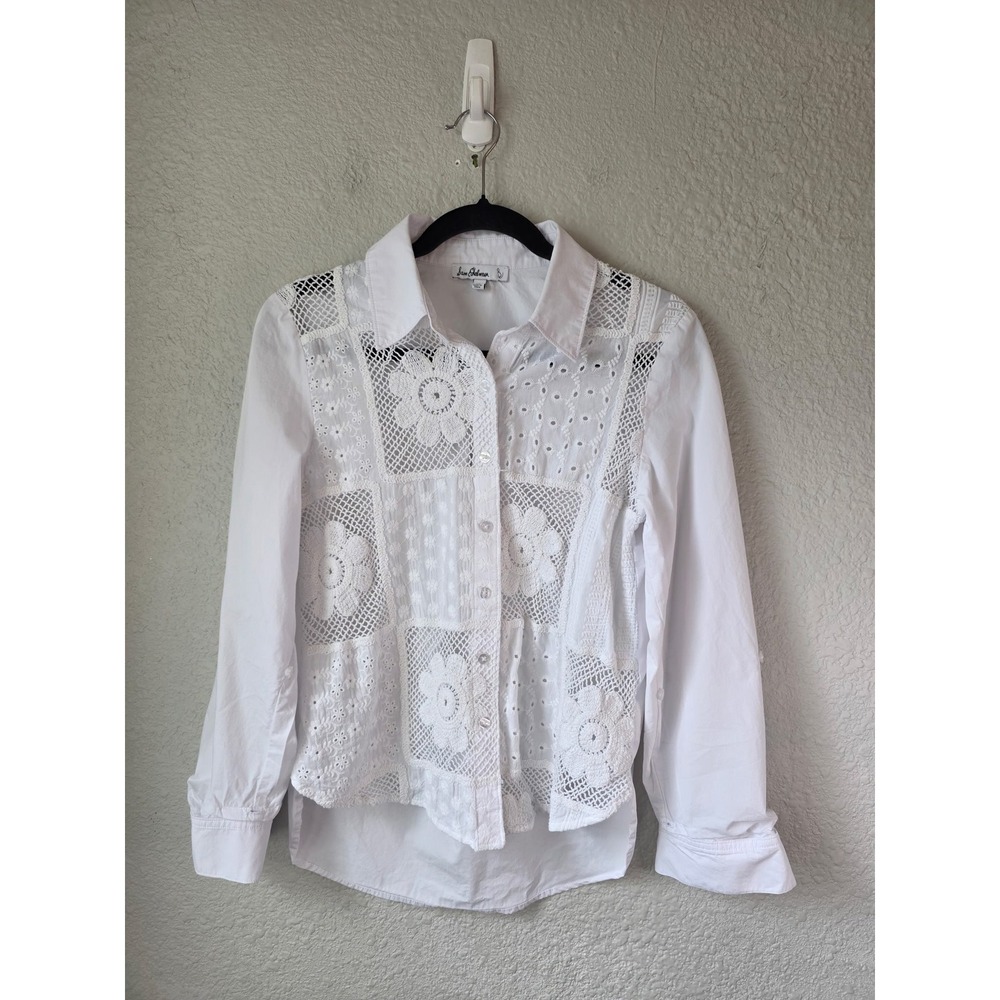 Sam Edelman Women's White Roll Tab Sleeves Floral Lace Crochet Button Down XS - Picture 2 of 5
